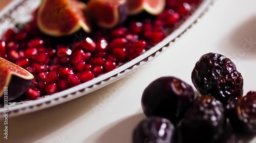 Fresh Figs and Pomegranate Seeds in a Decorative Bowl.
