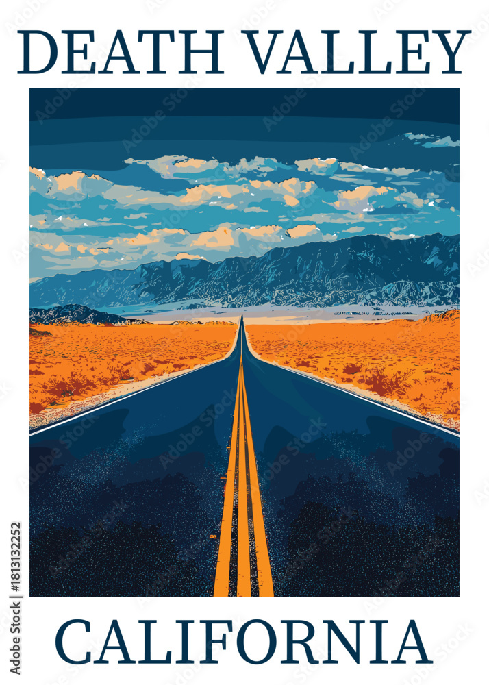 Φωτογραφία Classic Death Valley National Park travel poster vector illustration depicting a long, straight desert highway leading toward distant arid mountains in California