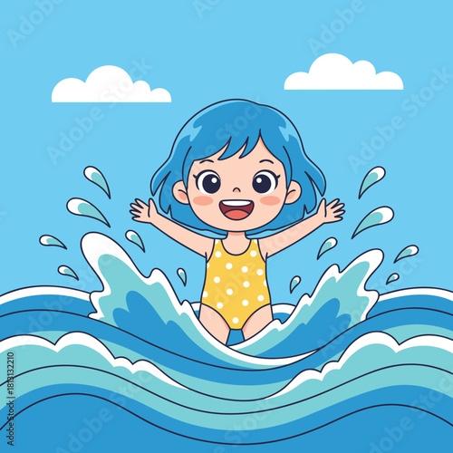 A cheerful cartoon girl with blue hair in a yellow swimsuit happily splashing and playing in the blue water under a clear sky.