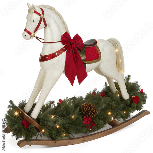 Festive white rocking horse with christmas garland and red bow
