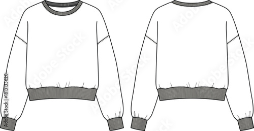 Women's oversized cropped sweatshirt fashion technical drawing, front and back view, long balloon sleeves, ribbed hem and cuffs, cotton fleece apparel mockup vector