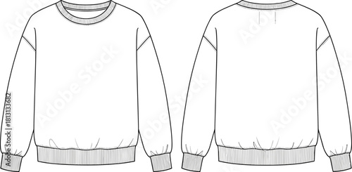 Women's oversized sweatshirt fashion technical drawing, front and back view, wide sleeves, ribbed cuffs and hem, crew neck fleece apparel vector mockup template