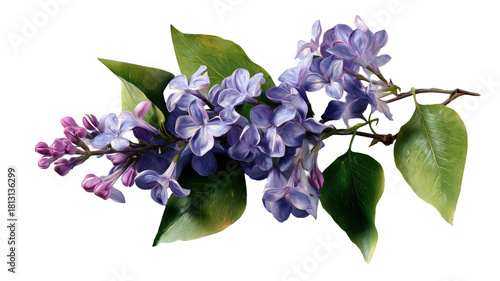 Beautiful lilac flower branch with purple blossoms and green leaves in detailed artistic style isolated on white background