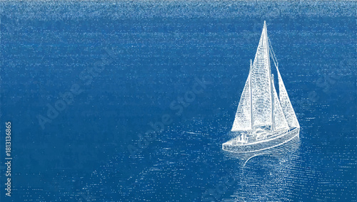 Sailboat Sailing on Deep Blue Sea Artistic Nautical Scene Illustration