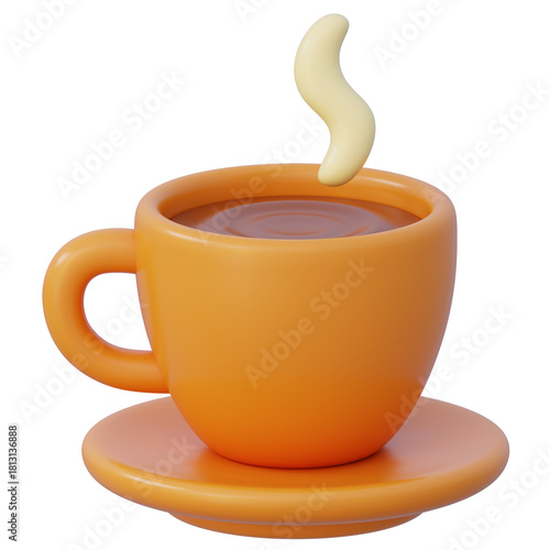 Steaming coffee in an orange cup on a saucer 3d icon