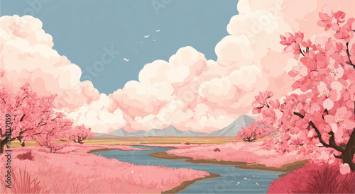 Serene Cherry Blossom Landscape with River and Mountain Views Vector Art