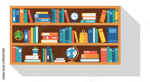 organized wooden bookshelf with colorful books a clock globe and potted plants illustrating education reading and knowledge.