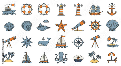 nautical sea icons flat line art maritime symbols marine life ocean travel and summer elements for web and digital designs.