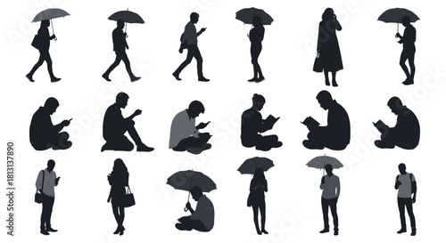 silhouettes of people walking with umbrellas reading and using smartphones depicting modern daily life for design elements.