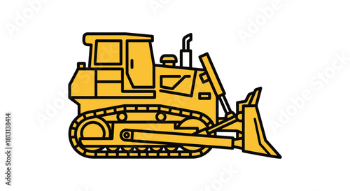 Yellow Bulldozer or Crawler Tractor Icon in Flat Line Art Style for Construction and Earthwork