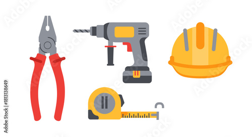 Colorful Flat Icons Set Power Tools, Hand Tools, and Safety Helmets for Construction and DIY