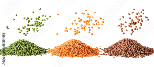 Three piles of lentils and split peas isolated on transparent background