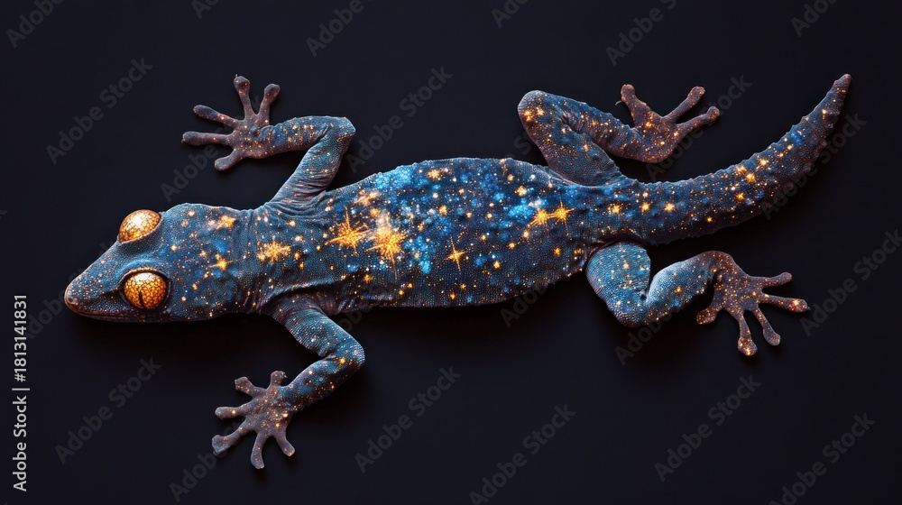 Naklejka premium Flying Gecko, its skin flaps like stained parchment showing constellations, surreal celestial map texture, dim starlight effect