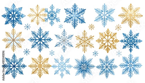Watercolor snowflakes illustrations in blue and gold colors on a white background design