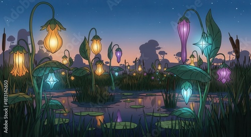 Luminous fantasy flora illuminate a twilight wetland landscape