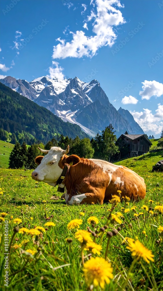 Naklejka premium Cow rests in flowery meadow with snow-capped peaks and distant cabin backdrop