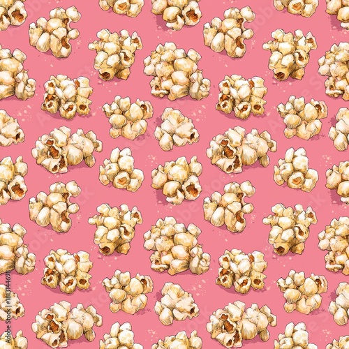 Seamless popcorn pattern on pink background, hand-drawn snack illustration, texture for packaging and design