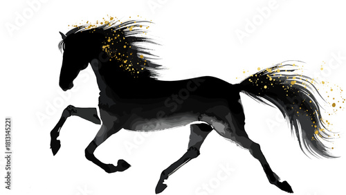 黒い和風水墨画の馬が新年の空へ金の馬がきらきら駆ける希望の瞬間と新年を祝う金色の風