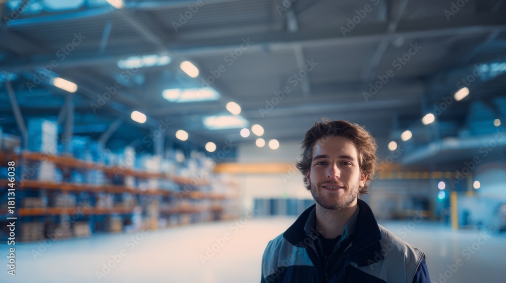 Fototapeta premium bluecollar. A warehouse worker with a focused expression, highlighting dedication and hard work. safety posters, maintenance manuals, designed for precision metalworking and fabrication facilities. 