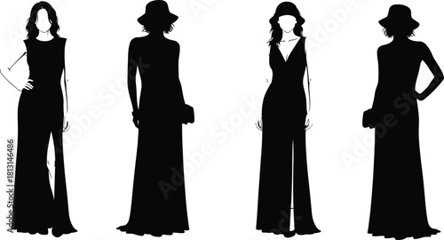 Elegant evening gown silhouette set, fashion illustration, formal wear poses, black dress design, stylish women, accessories, clutch, hat, sketch