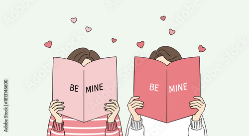 Illustration of a couple reading Valentine's Day cards with hearts floating above on a light background.