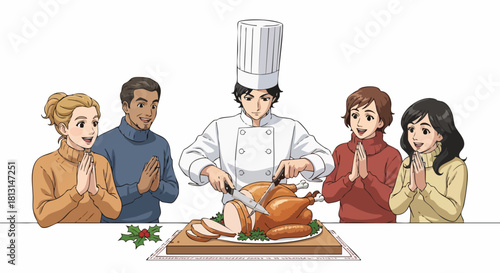 Illustration of a chef carving a roasted turkey surrounded by four people with their hands clasped in prayer on a white background with green herbs.