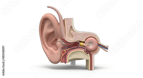 Comprehensive cross-section view of the human auditory system, depicting intricate ear components vital for sound perception and balance maintenance