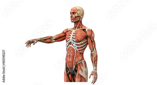 Anatomical illustration of the human muscular system, showcasing the skeletal structure and musculature of the body in a detailed and informative representation for educational and medical purposes