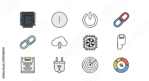 Collection of various technology and internet related icons on a white background in a flat lay style.