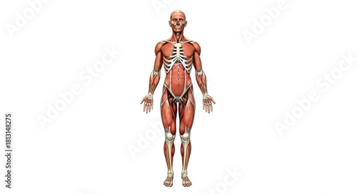 Anatomical illustration of the human muscular system, revealing muscles, bones, and overall structure