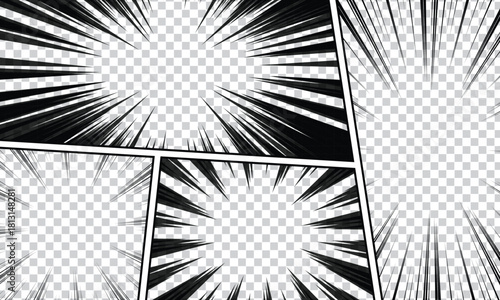 Set of manga style concentration and explosion line art, with each panel showcasing distinct black and white radial and parallel speed lines for visual impact