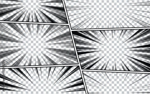 Vector collection of monochrome comic action backgrounds, including diverse sunbursts, horizontal zoom lines, and intense speed rays, perfect for graphic novels