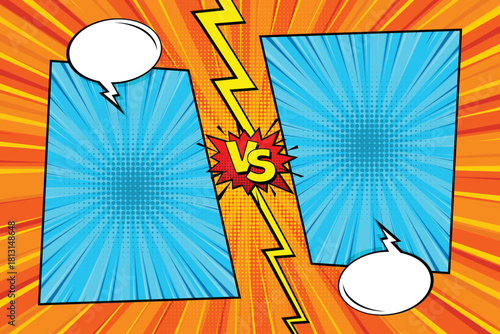 Dynamic comic background design with blank areas for two opposing elements, divided by a ripping effect and the word "VS", all set against a yellow  and orange radial explosion line backdrop