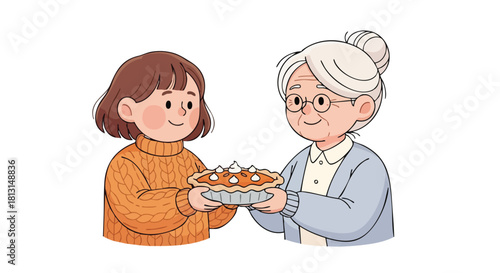 Illustration of a young girl and an elderly woman holding a plate of food, conveying a warm and caring moment.