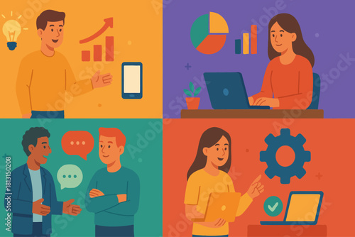 Business teamwork collaboration communication strategy planning analysis and development illustration design vector illustration