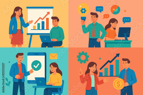 Business teamwork strategy planning success growth collaboration idea presentation marketing analysis vector illustration