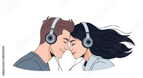 Illustration of a man and woman wearing headphones touching noses with a plain white background.