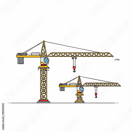 Two Tower Cranes Vector Illustration on Construction Site