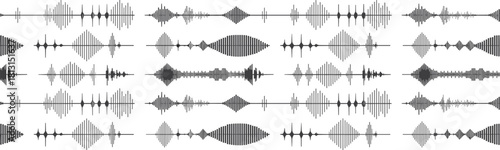 Abstract seamless audio waveform pattern background, digital sound wave visualization, modern minimal signal illustration, music frequency design, technology concept art