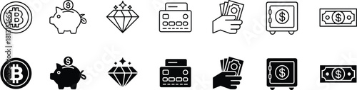 Collection of modern finance icons featuring money symbols, banking elements, cryptocurrency signs, wealth concepts, savings graphics, secure payment illustrations for digital use