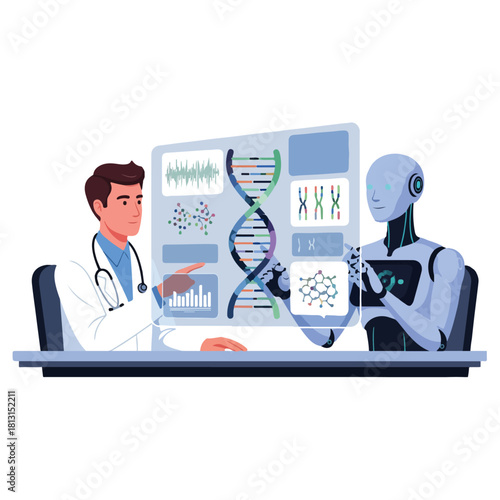 Doctor and robot analyzing DNA data on a screen, showcasing AI in healthcare.