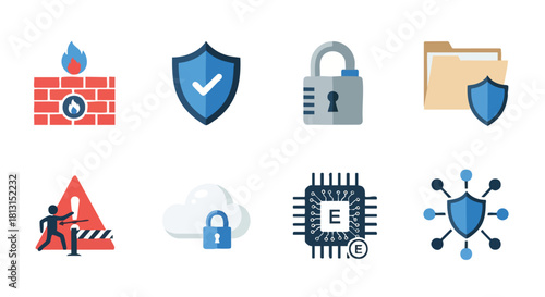 Collection of flat design cybersecurity icons on a white background, including shield, lock, and warning symbols.