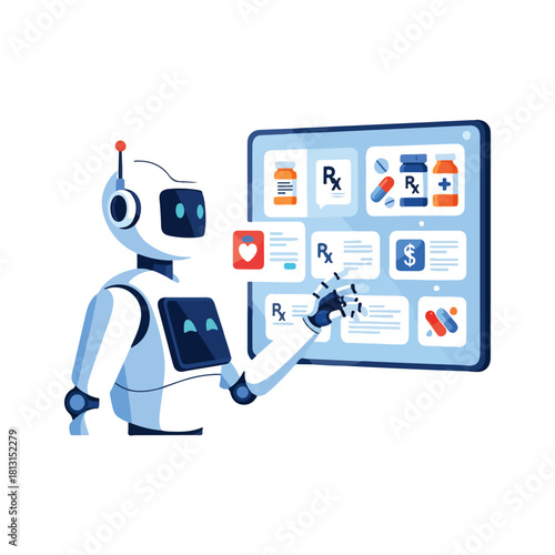 A futuristic robot using an AI-powered interface to manage online pharmacy prescriptions and healthcare data.