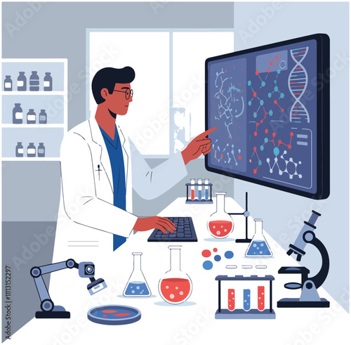 Scientist in lab analyzing DNA on screen, with equipment and robot arm.