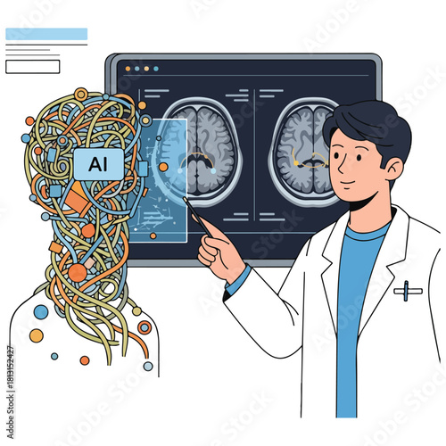 A doctor uses artificial intelligence to analyze brain scans for medical diagnosis.