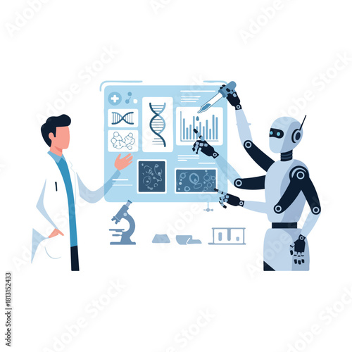 A scientist and a robot collaborate in a modern laboratory, analyzing complex biological and genetic data on a large digital screen.