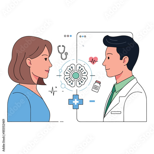 Illustration of a doctor consulting with a patient via telemedicine, medical concept.