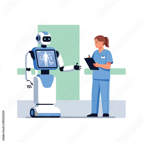 Nurse with clipboard and robot assistant in hospital, medical technology.