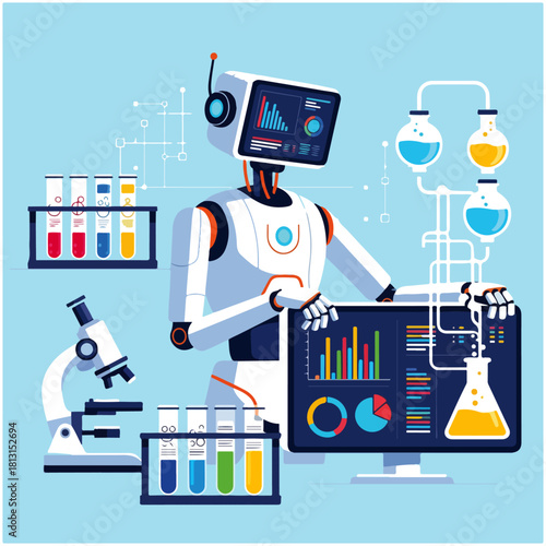 A robot scientist analyzing data and conducting experiments in a laboratory setting with various equipment.