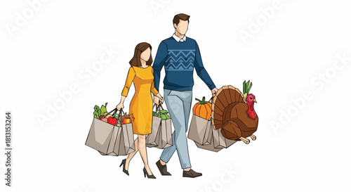 Illustration of a man and woman walking with grocery bags full of food including a roasted turkey.